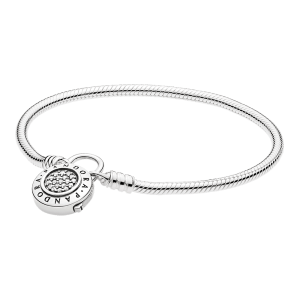 Pandora Signature Armband Moments Smooth Silver Bracelet, PANDORA Signature Padlock 597092CZ-18