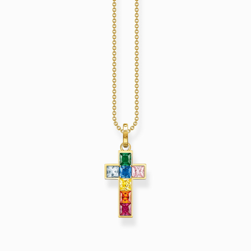 Thomas Sabo Rainbow Heritage Kette Kreuz mit bunten Steinen vergoldet KE2166-996-7