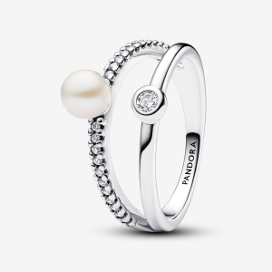 Pandora Timeless Behandelte Süßwasserzuchtperle & Pavé Doppelband-Ring 193147C01