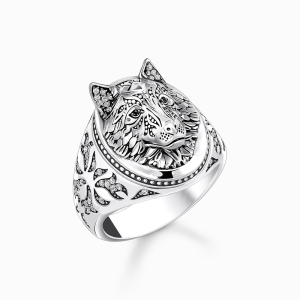 Thomas Sabo Sterling Silver Siegelring Wolf mit Steinen Silber geschwärzt TR2452-643-21